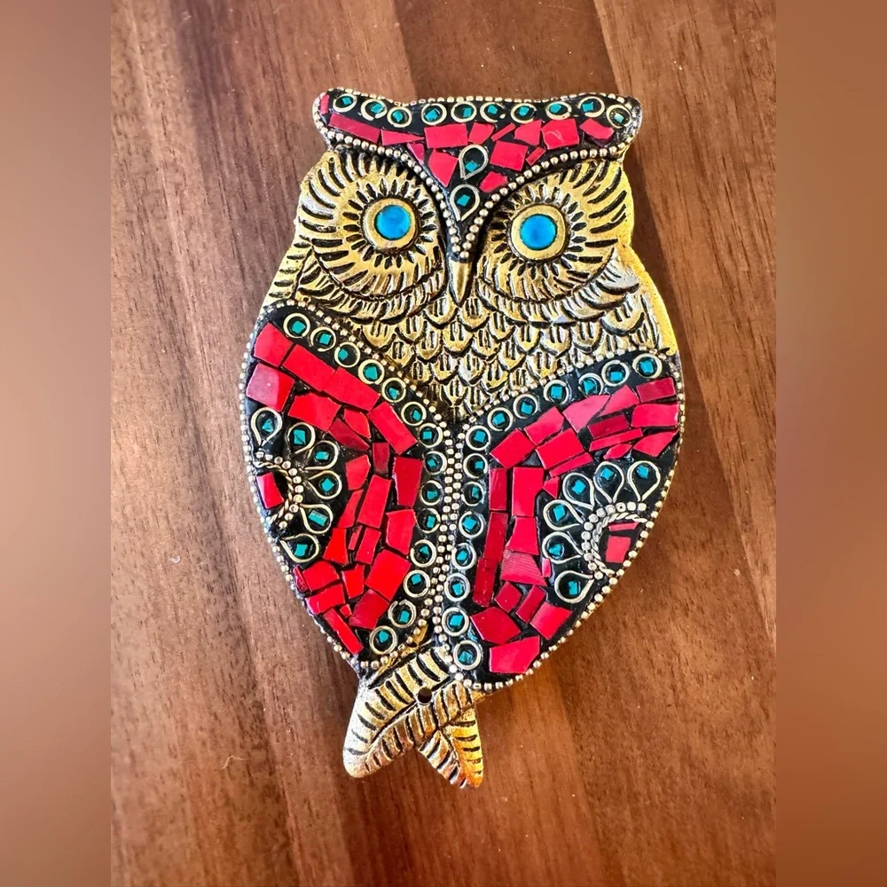 Artisan Nepal Mosaic Owl Incense Holder- Red